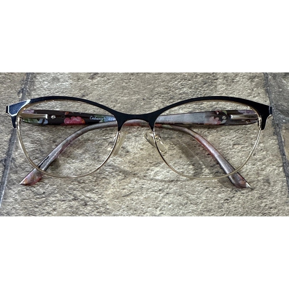 Enhance 4282 Eyeglasses Frame Only Flex Hinges Black Gold Floral 53-18-140-37mm